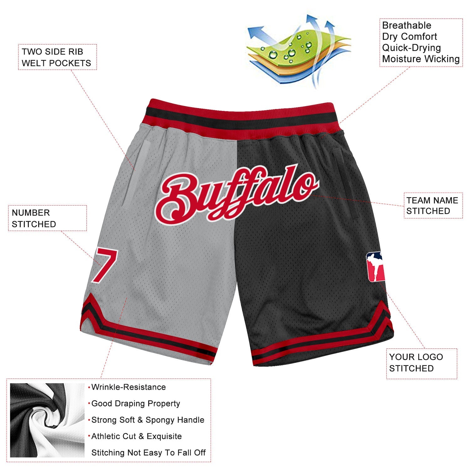 Custom Gray Red-Black Authentic Throwback Split Fashion Basketball Shorts view 2