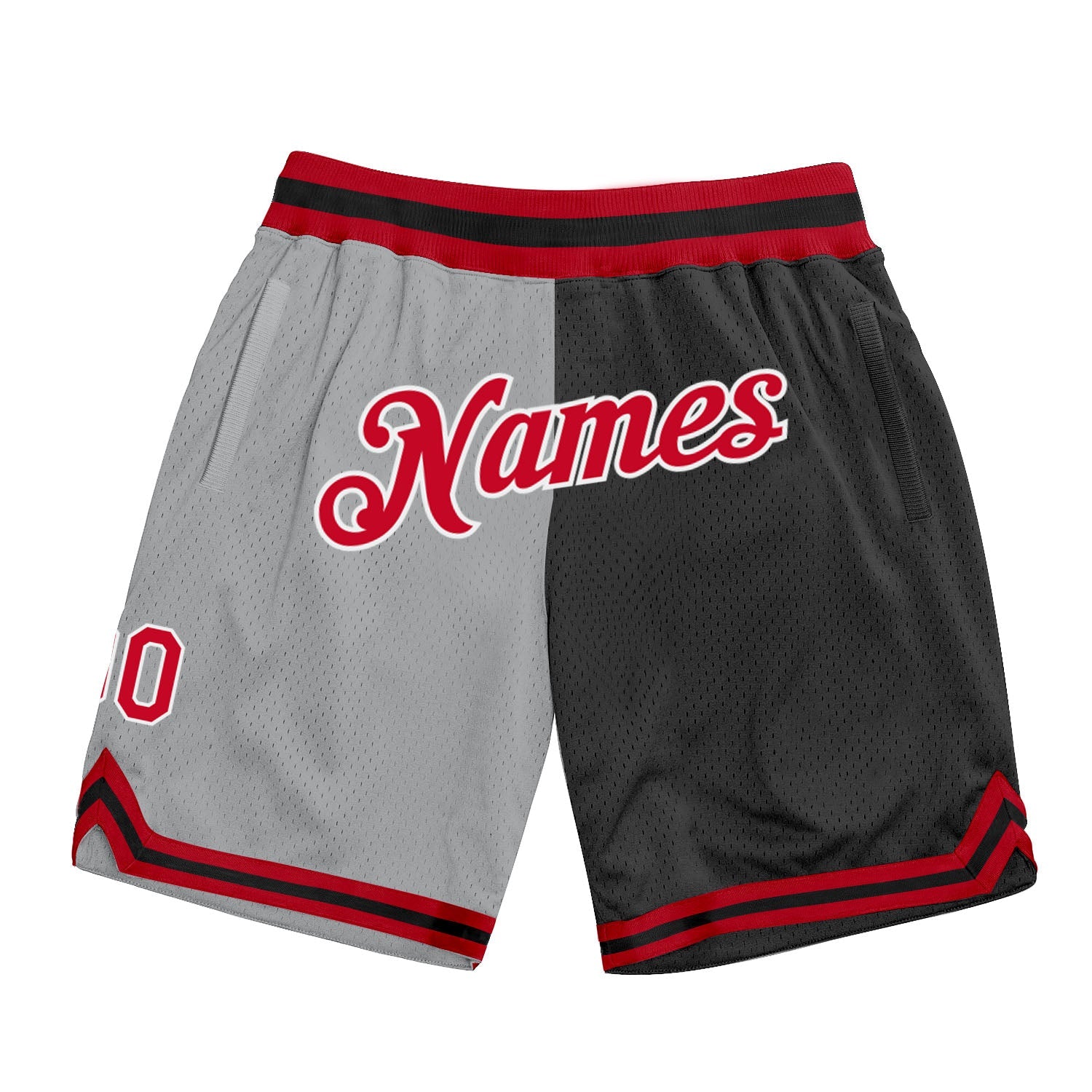 Custom Gray Red-Black Authentic Throwback Split Fashion Basketball Shorts - Main View