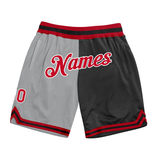 Custom Gray Red-Black Authentic Throwback Split Fashion Basketball Shorts - Main View