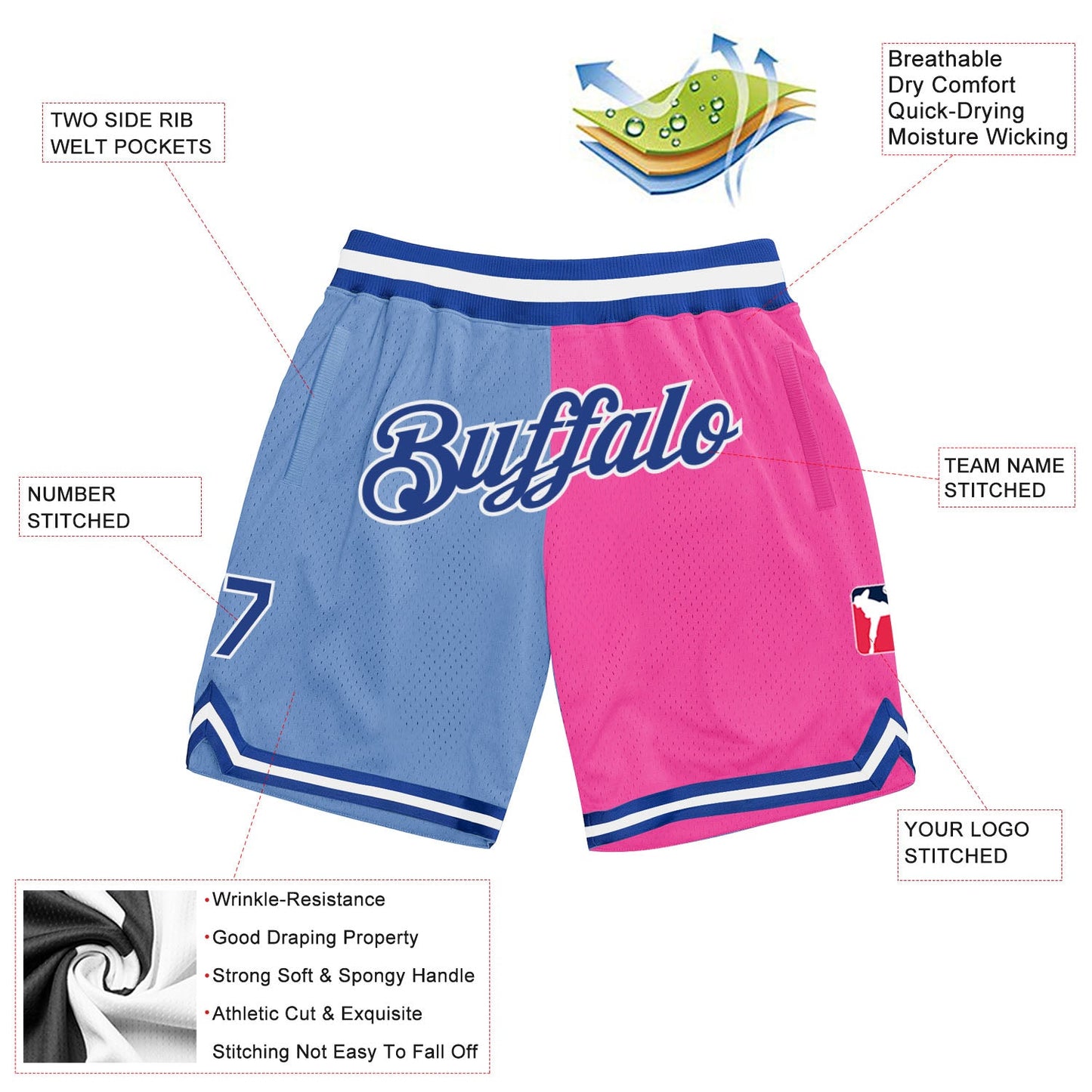 Custom Light Blue Royal-Pink Authentic Throwback Split Fashion Basketball Shorts view 2