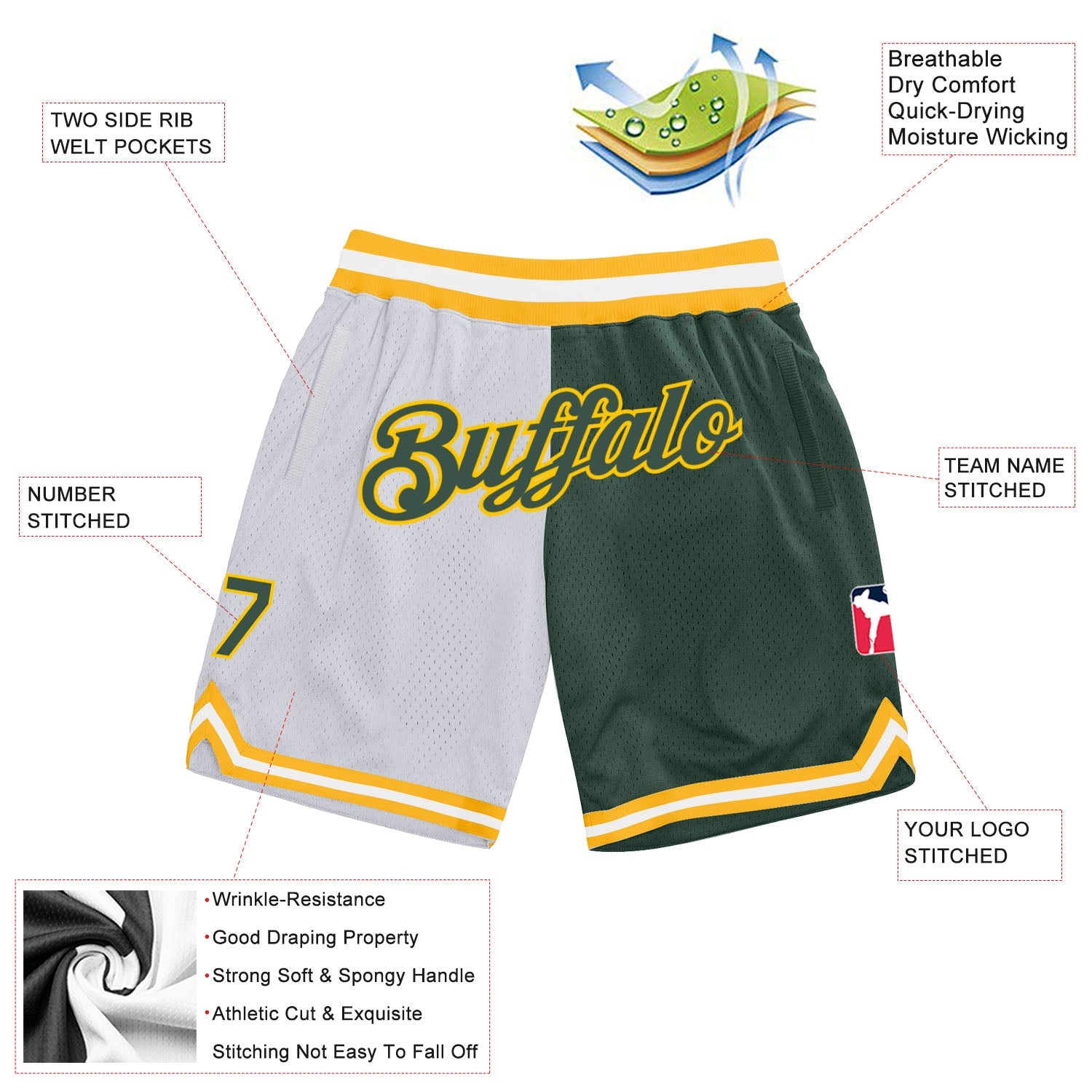 Custom White Hunter Green-Gold Authentic Throwback Split Fashion Basketball Shorts view 2