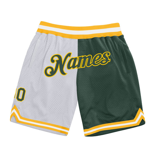 Custom White Hunter Green-Gold Authentic Throwback Split Fashion Basketball Shorts - Main View