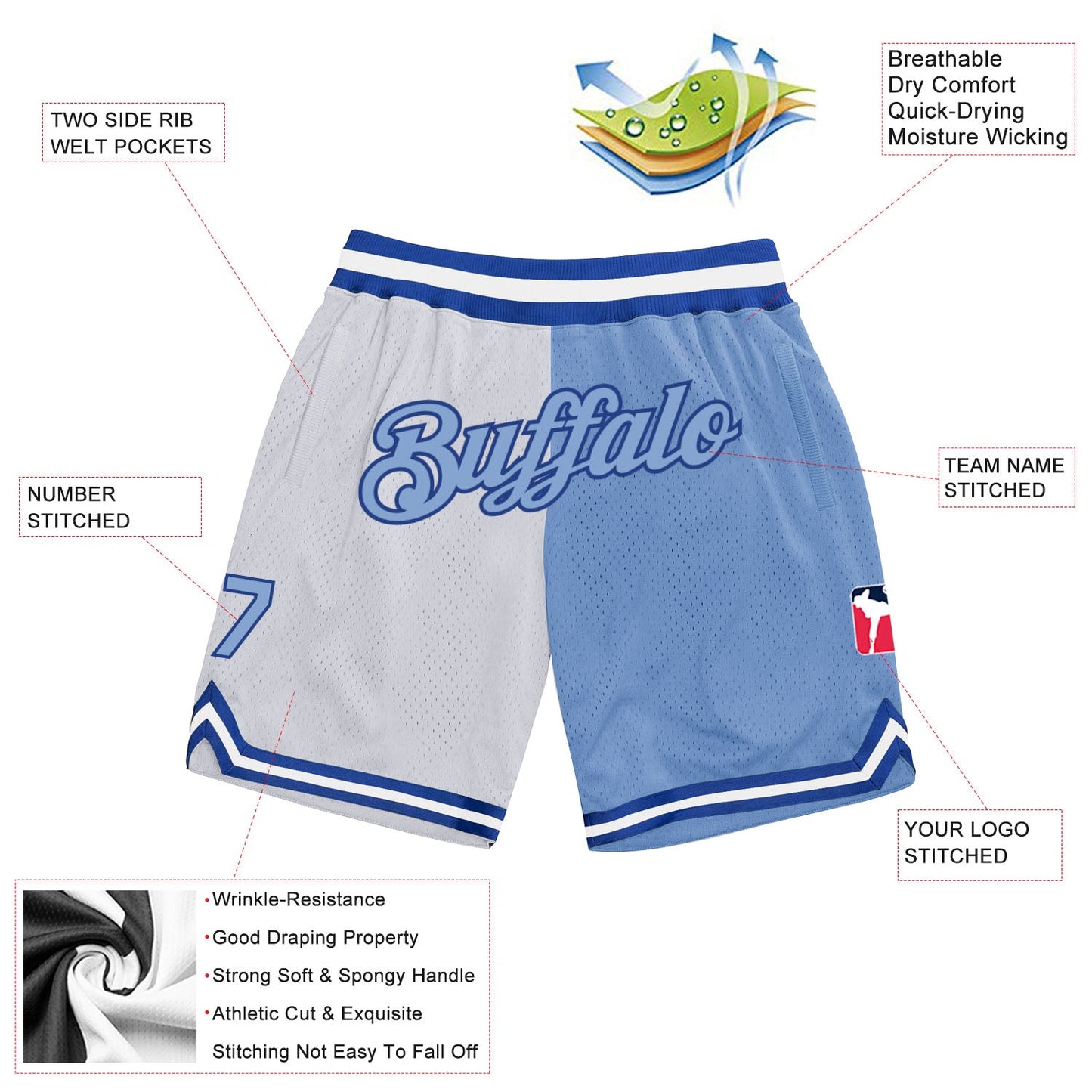 Custom White Light Blue-Royal Authentic Throwback Split Fashion Basketball Shorts view 2