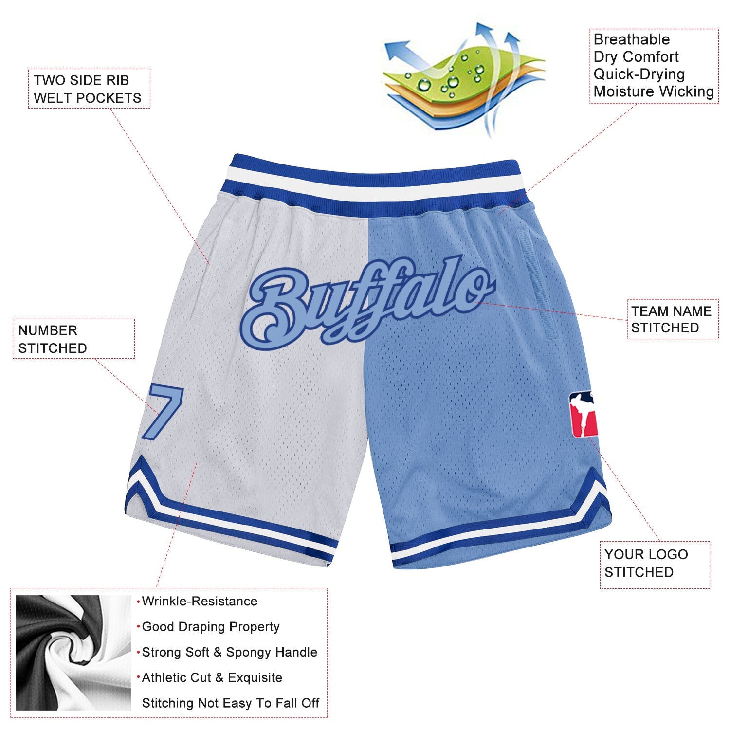 Custom White Light Blue-Royal Authentic Throwback Split Fashion Basketball Shorts view 2
