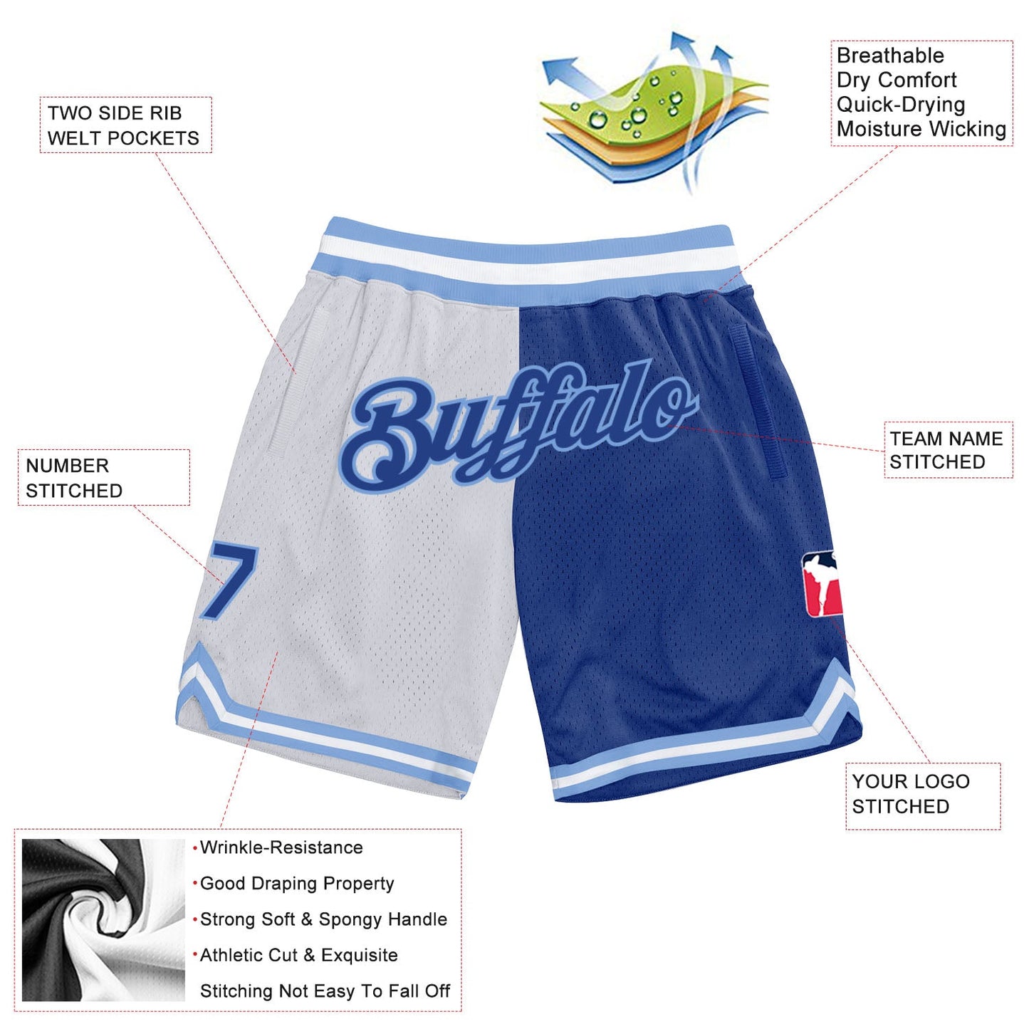 Custom White Royal-Light Blue Authentic Throwback Split Fashion Basketball Shorts view 2