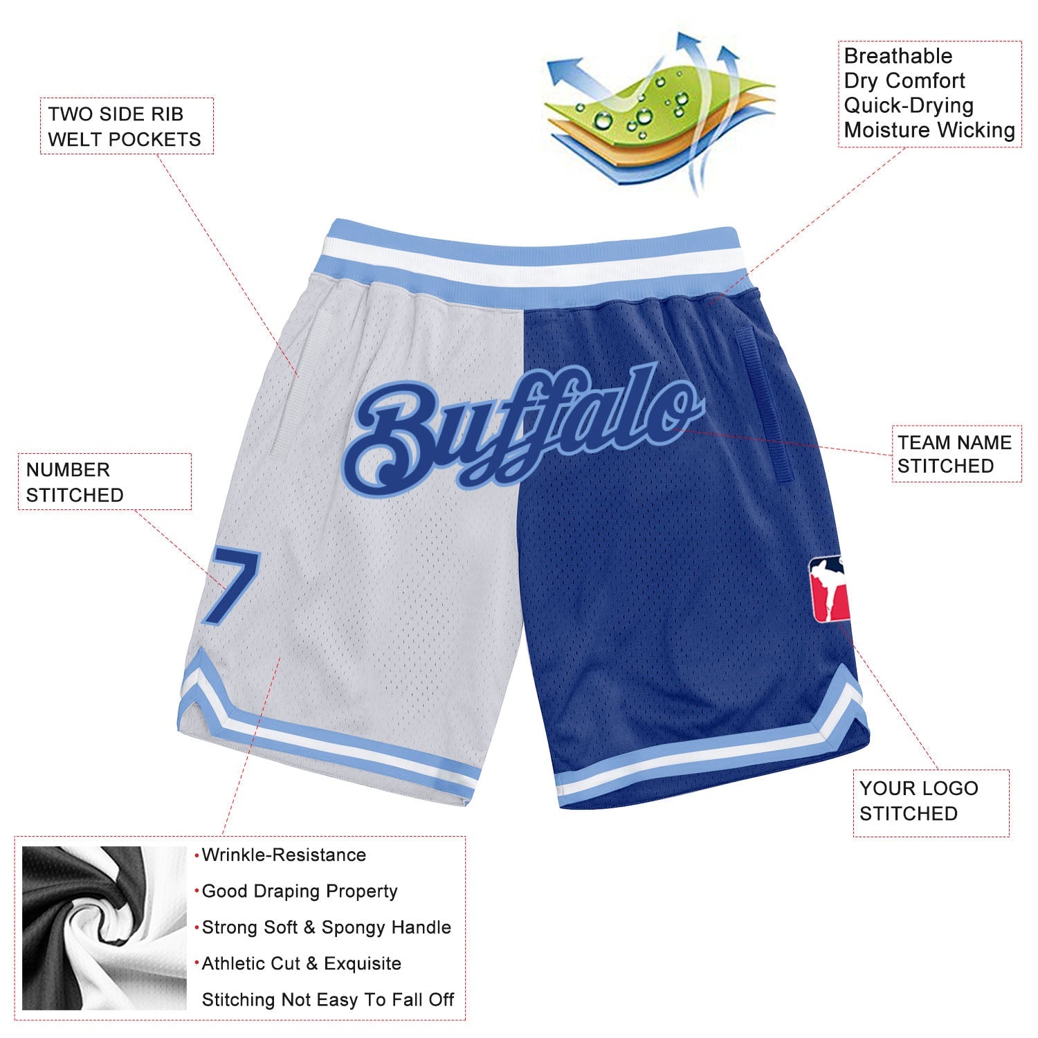 Custom White Royal-Light Blue Authentic Throwback Split Fashion Basketball Shorts view 2