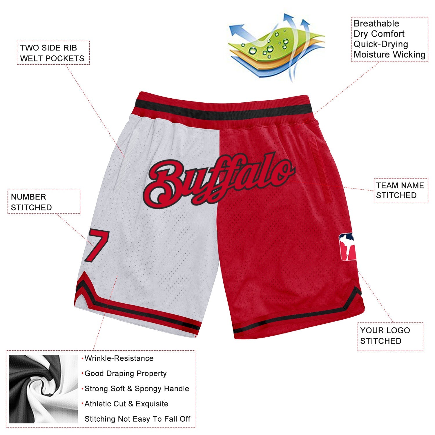 Custom White Red-Black Authentic Throwback Split Fashion Basketball Shorts view 2
