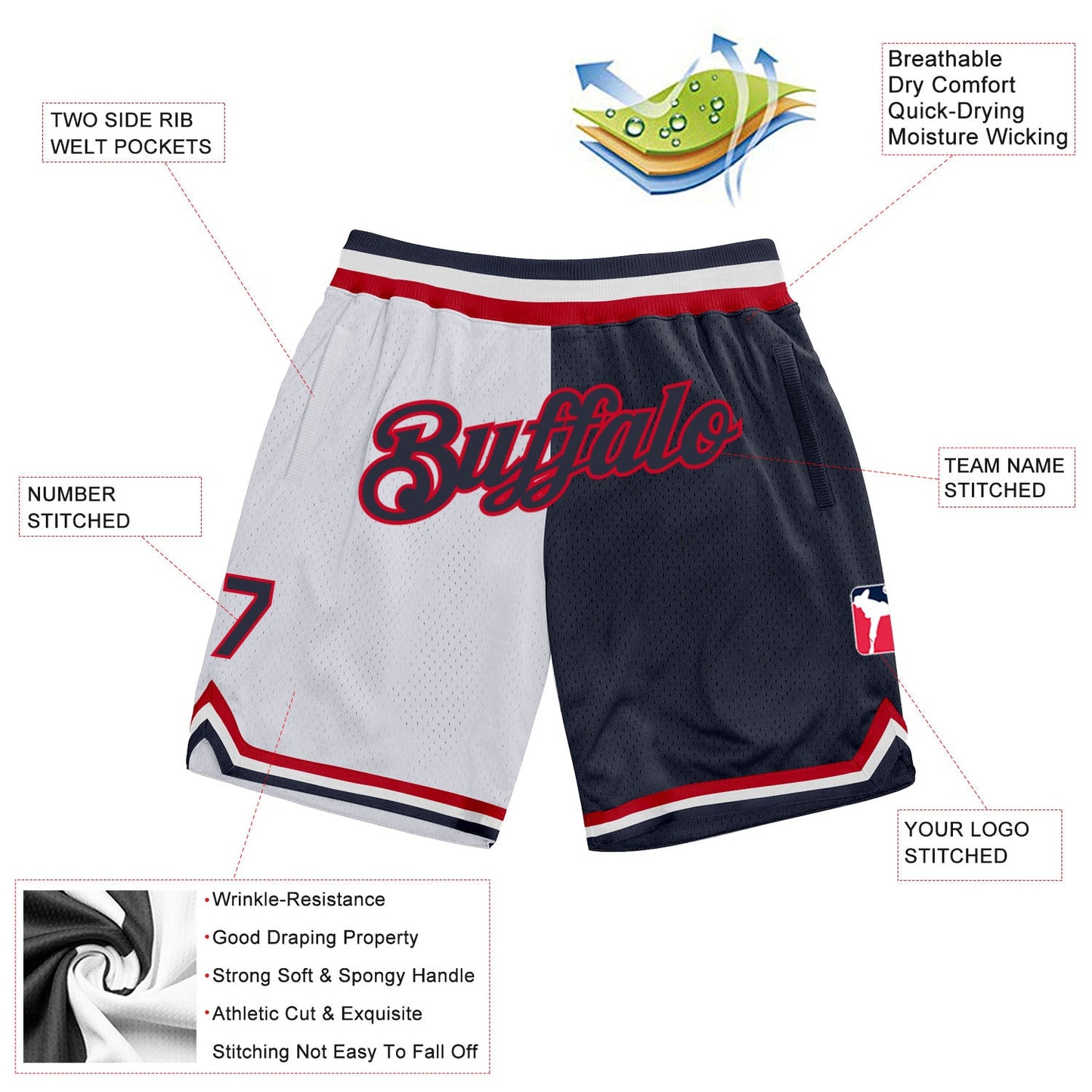 Custom White Navy-Red Authentic Throwback Split Fashion Basketball Shorts view 2