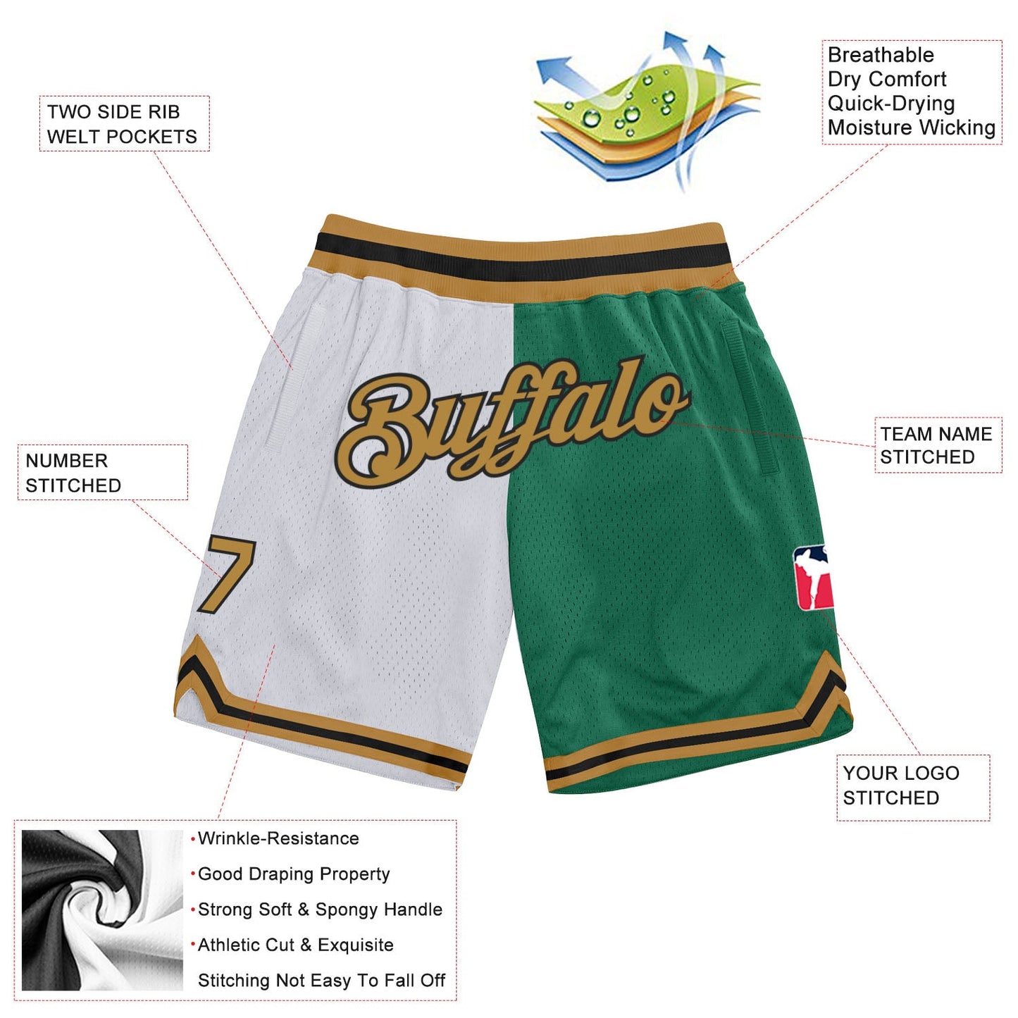 Custom White Old Gold-Kelly Green Authentic Throwback Split Fashion Basketball Shorts view 2
