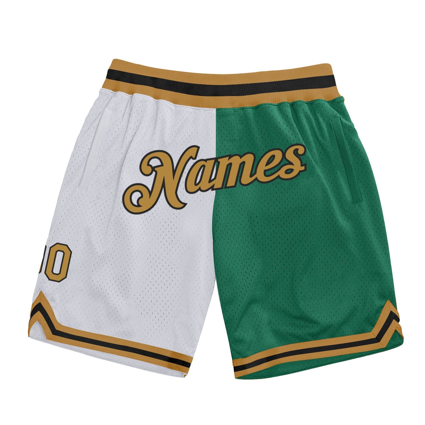 Custom White Old Gold-Kelly Green Authentic Throwback Split Fashion Basketball Shorts - Main View