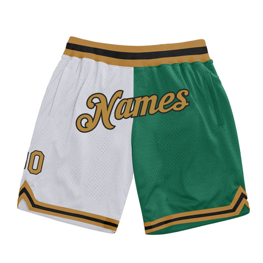 Custom White Old Gold-Kelly Green Authentic Throwback Split Fashion Basketball Shorts - Main View