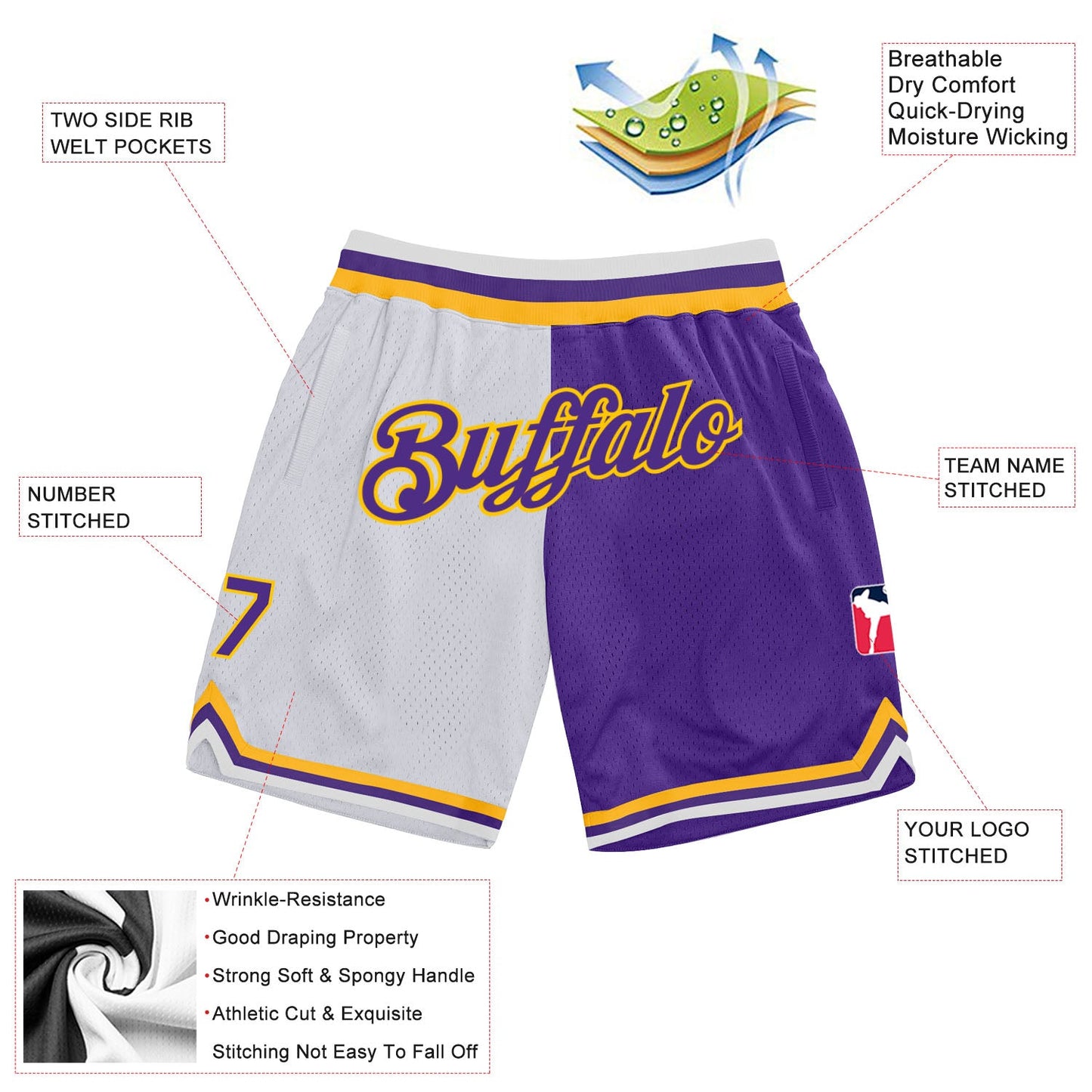 Custom White Purple-Gold Authentic Throwback Split Fashion Basketball Shorts view 2