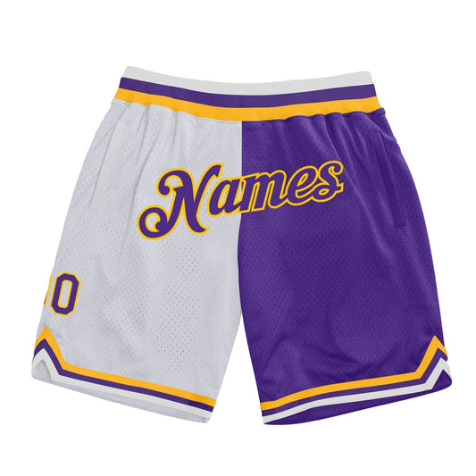 Custom White Purple-Gold Authentic Throwback Split Fashion Basketball Shorts - Main View
