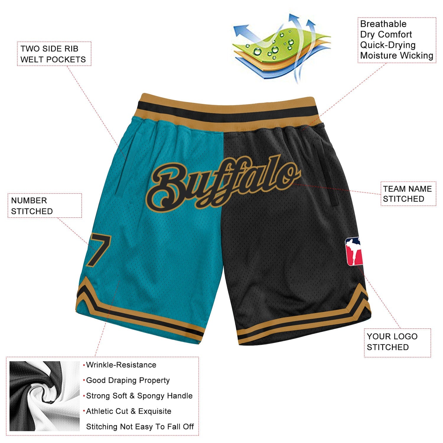 Custom Teal Black-Old Gold Authentic Throwback Split Fashion Basketball Shorts view 2