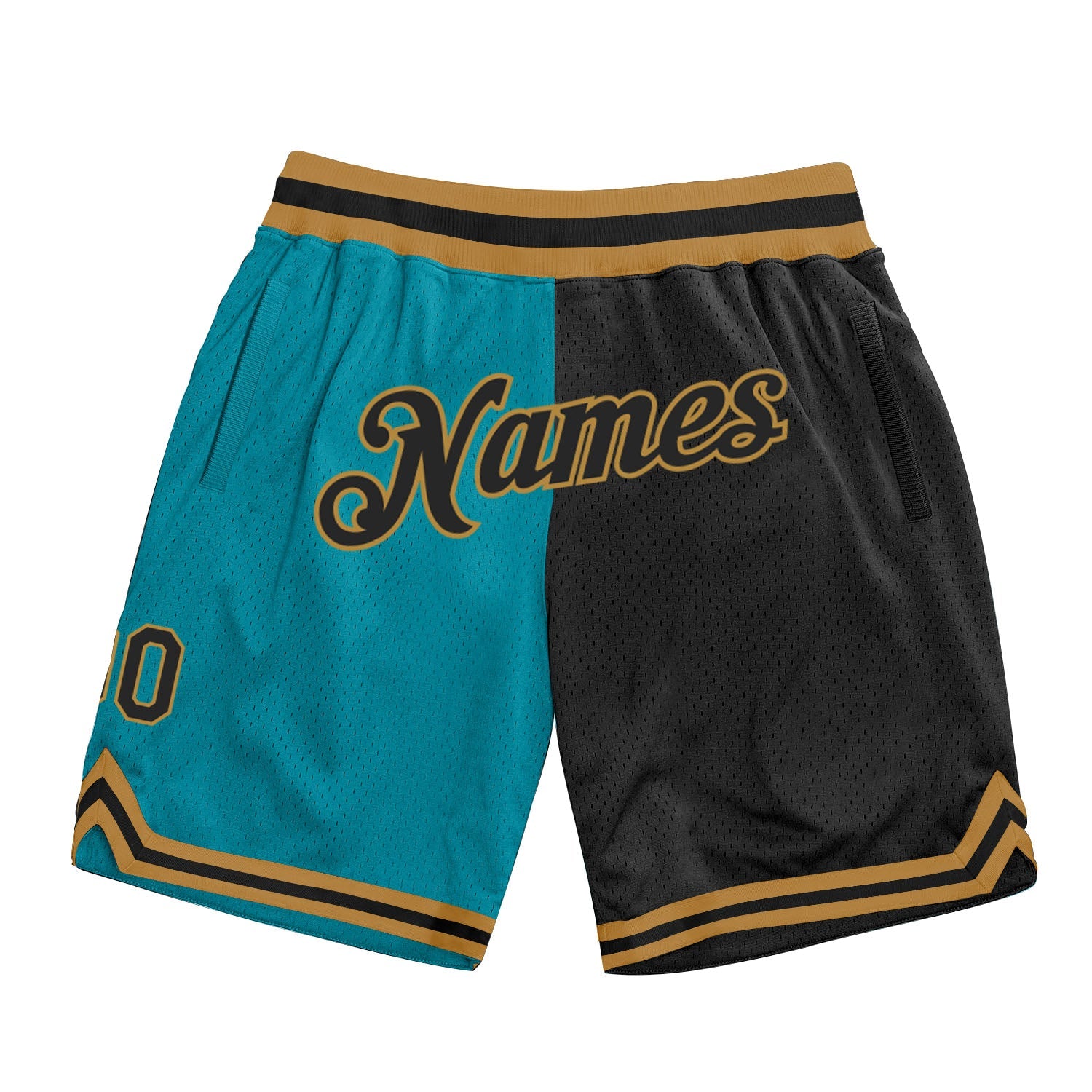 Custom Teal Black-Old Gold Authentic Throwback Split Fashion Basketball Shorts - Main View