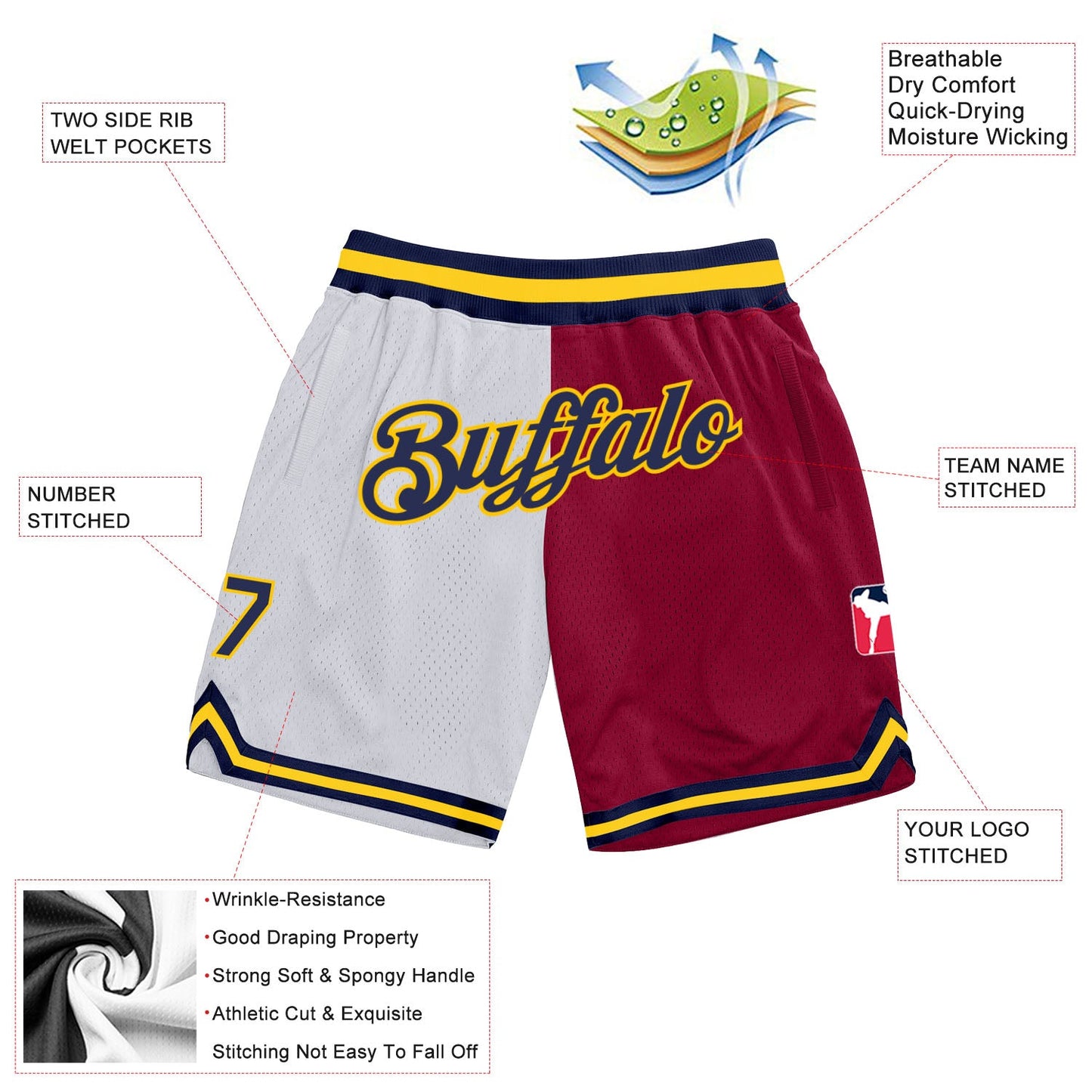 Custom White Navy-Maroon Authentic Throwback Split Fashion Basketball Shorts view 2