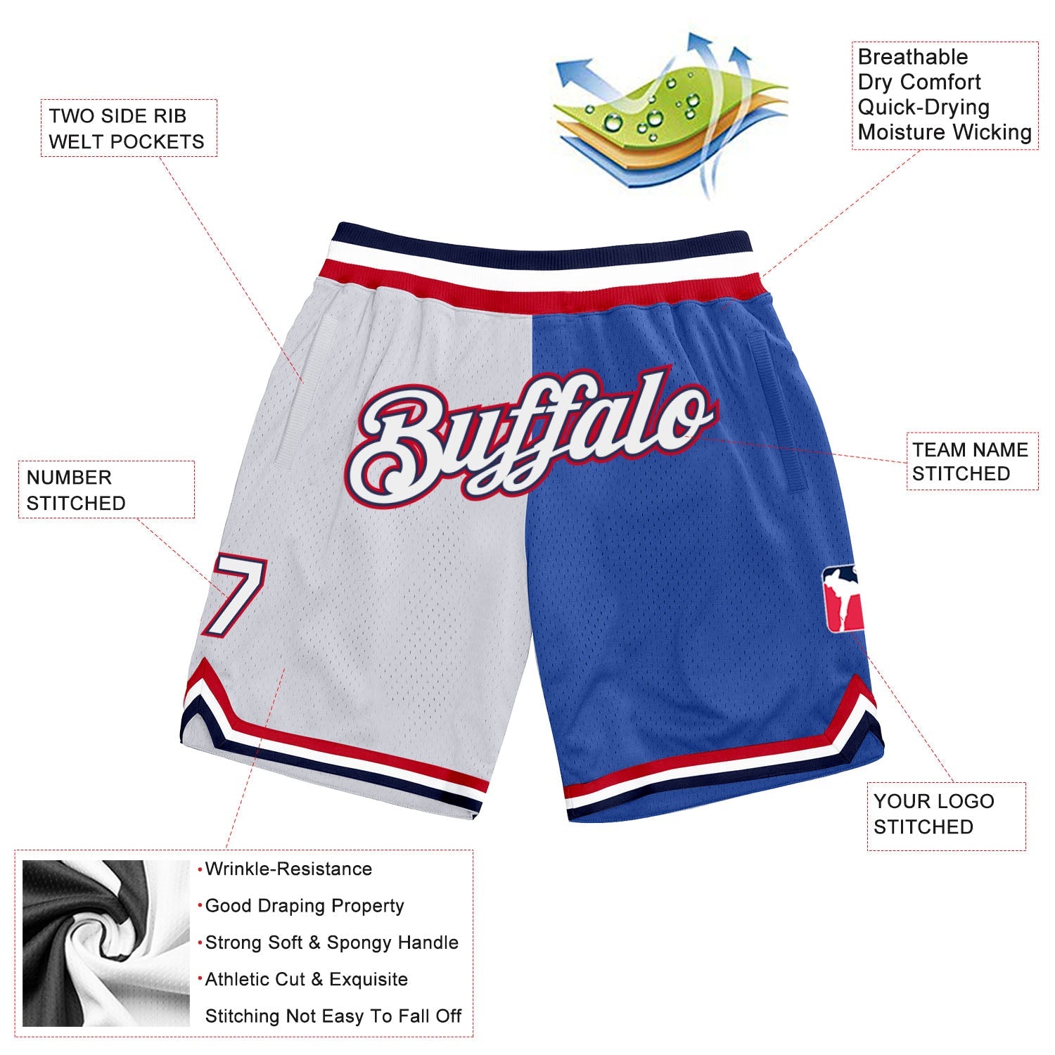 Custom Blue White-Red Authentic Throwback Split Fashion Basketball Shorts view 2
