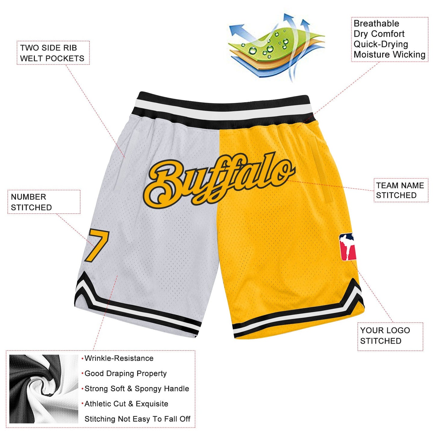 Custom White Gold-Black Authentic Throwback Split Fashion Basketball Shorts view 2
