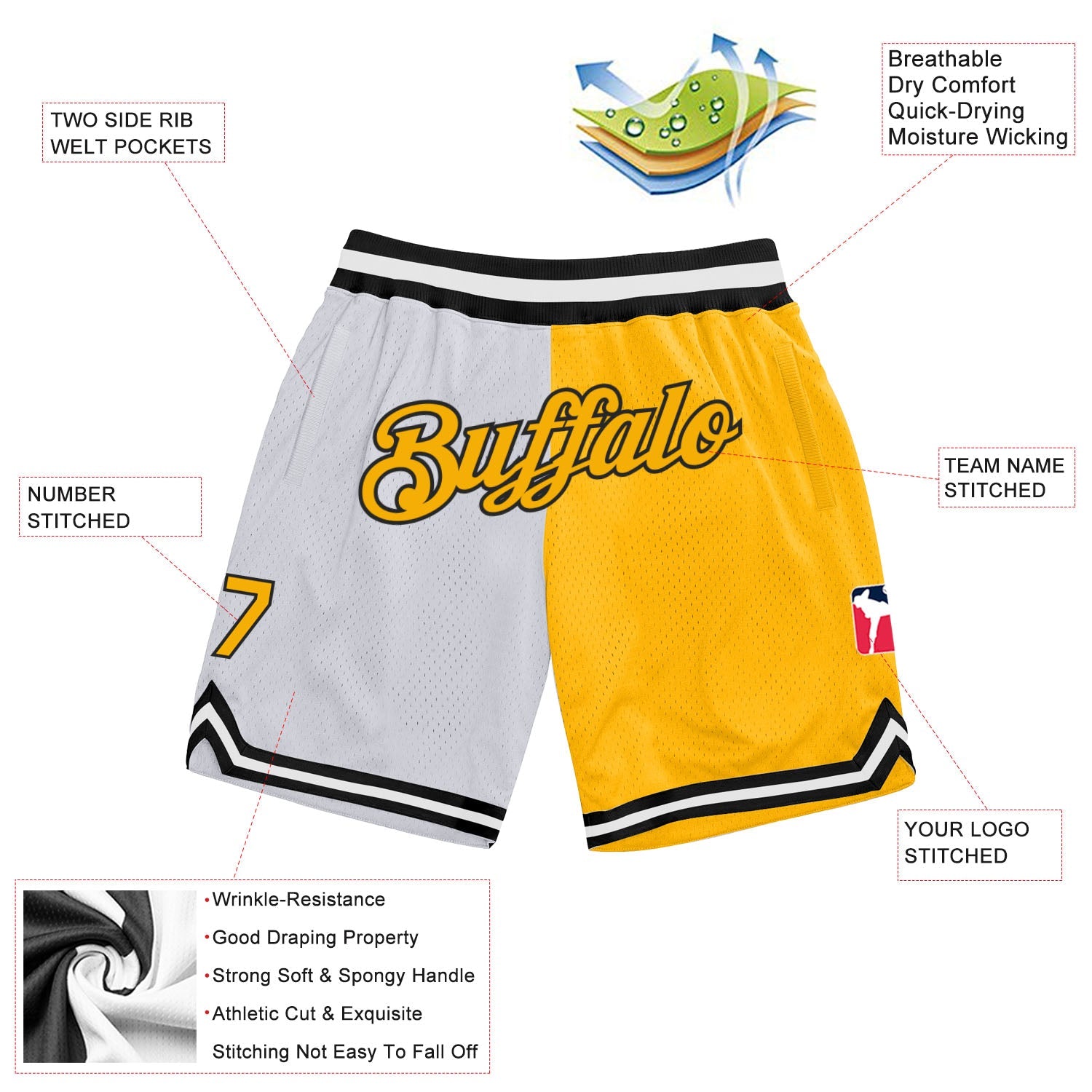 Custom White Gold-Black Authentic Throwback Split Fashion Basketball Shorts view 2