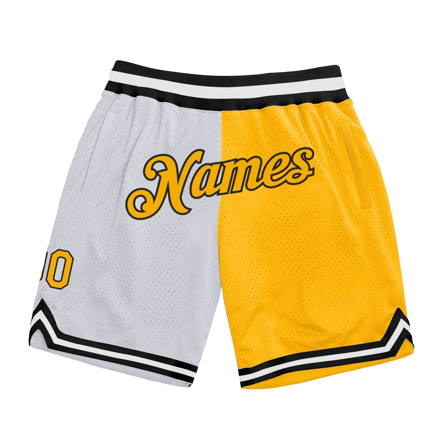 Custom White Gold-Black Authentic Throwback Split Fashion Basketball Shorts - Main View
