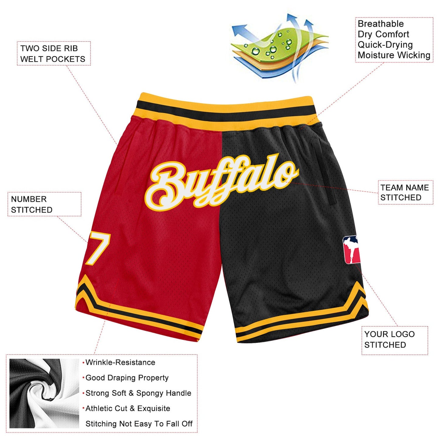 Custom Red White-Black Authentic Throwback Split Fashion Basketball Shorts view 2