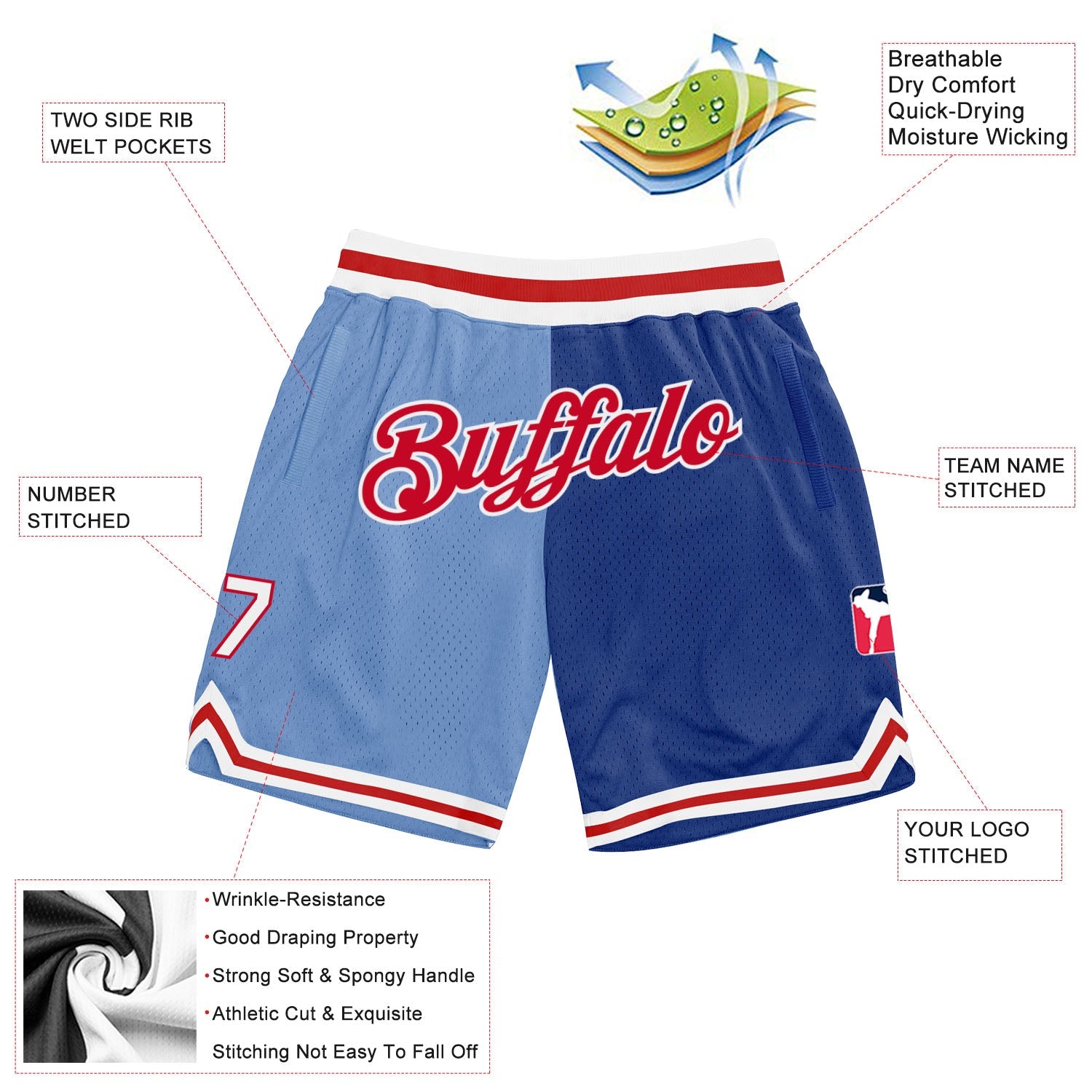 Custom Light Blue Red-Royal Authentic Throwback Split Fashion Basketball Shorts view 2