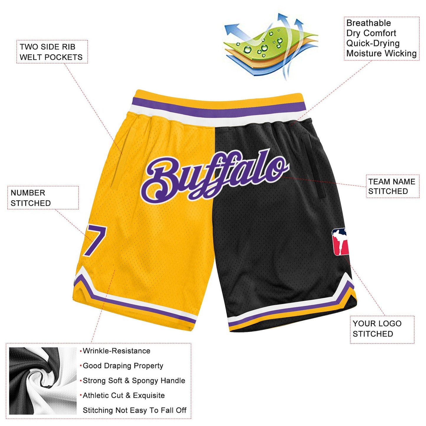 Custom Gold Purple-Black Authentic Throwback Split Fashion Basketball Shorts view 2