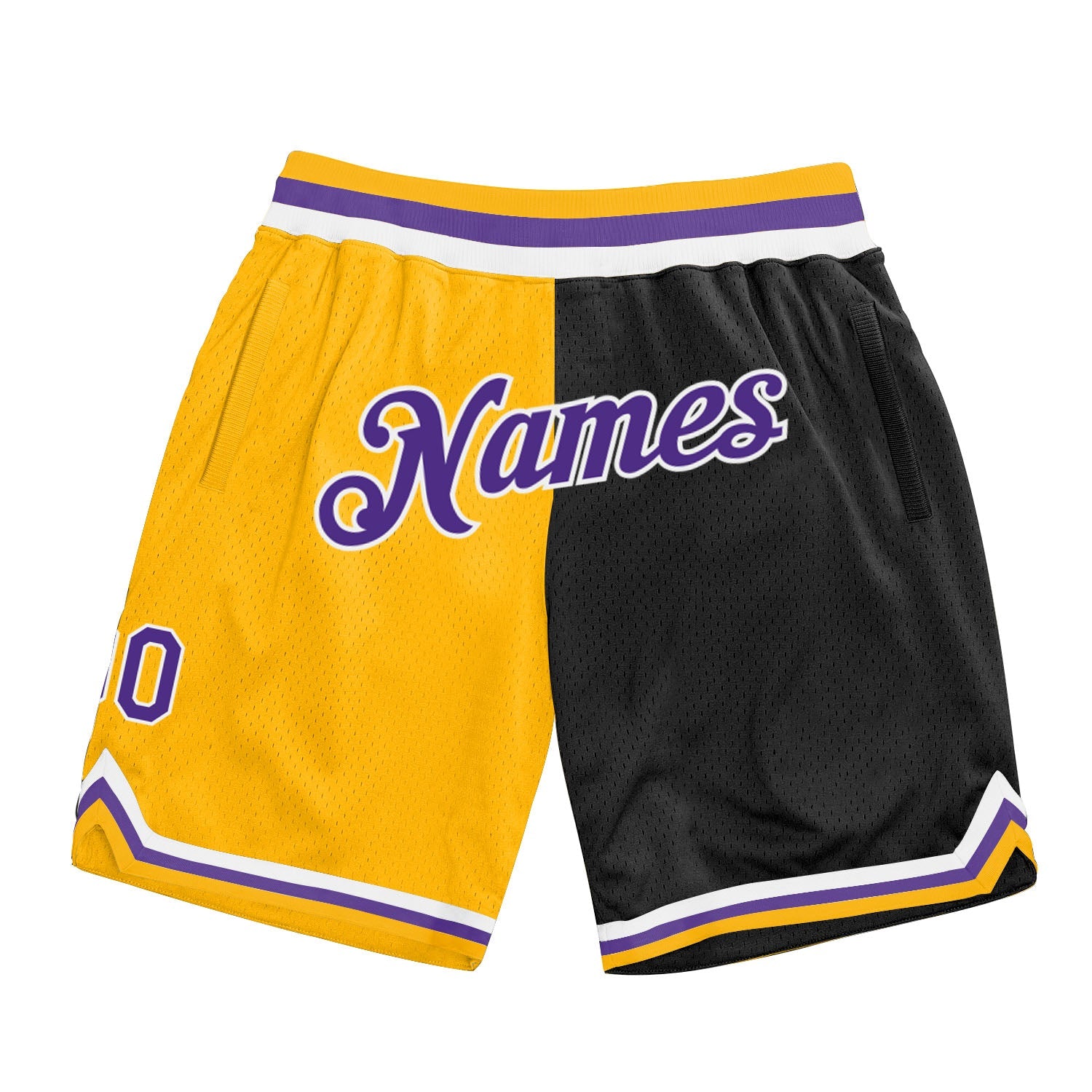 Custom Gold Purple-Black Authentic Throwback Split Fashion Basketball Shorts - Main View