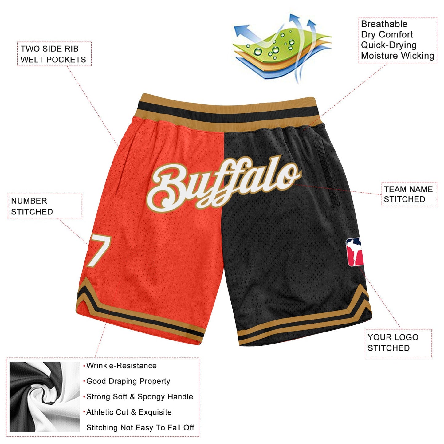 Custom Orange White-Black Authentic Throwback Split Fashion Basketball Shorts view 2