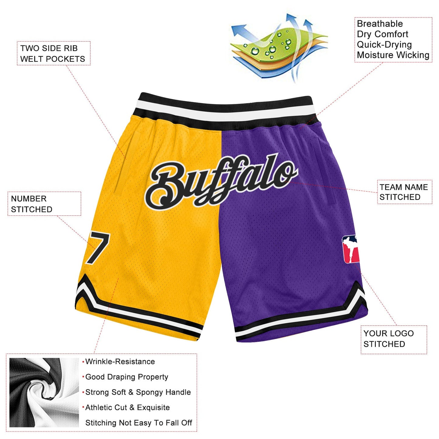 Custom Gold Black-Purple Authentic Throwback Split Fashion Basketball Shorts view 2