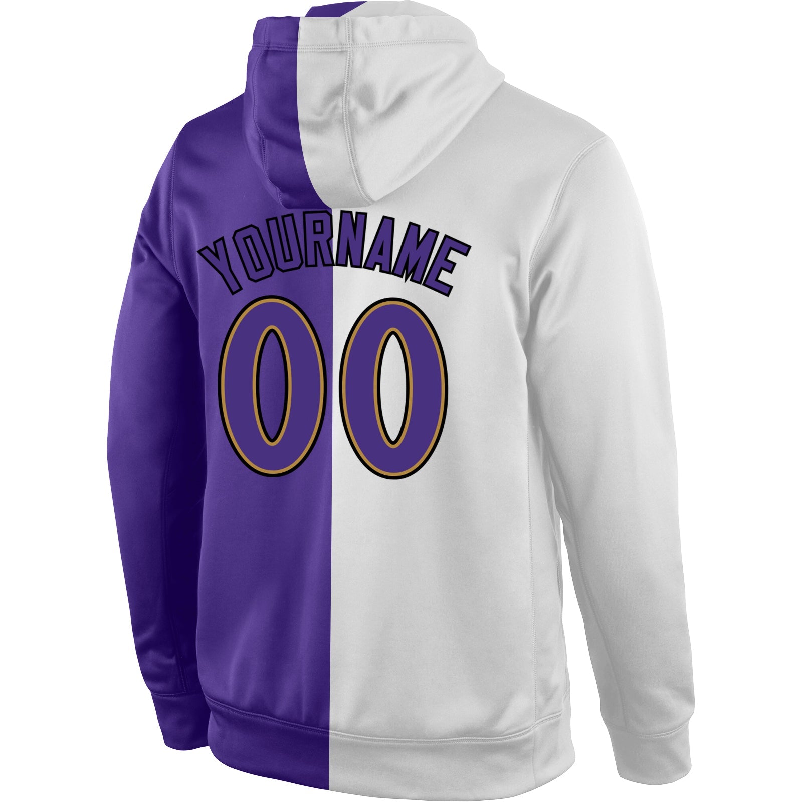 Custom Stitched White Purple-Old Gold Split Fashion Sports Pullover Sweatshirt Hoodie view 3