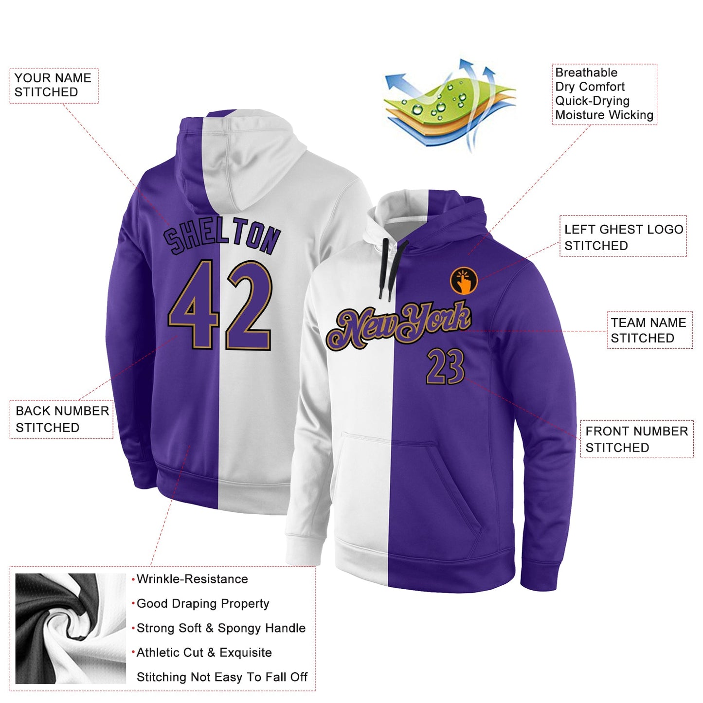Custom Stitched White Purple-Old Gold Split Fashion Sports Pullover Sweatshirt Hoodie view 4