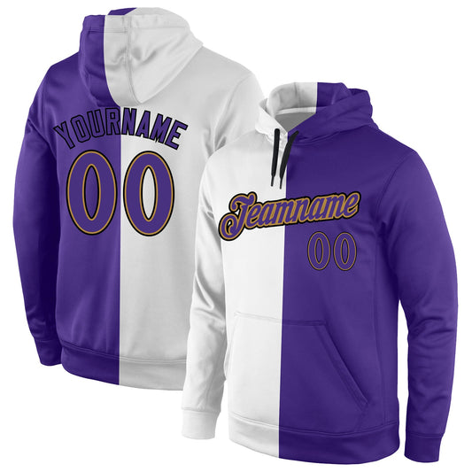 Custom Stitched White Purple-Old Gold Split Fashion Sports Pullover Sweatshirt Hoodie - Main View
