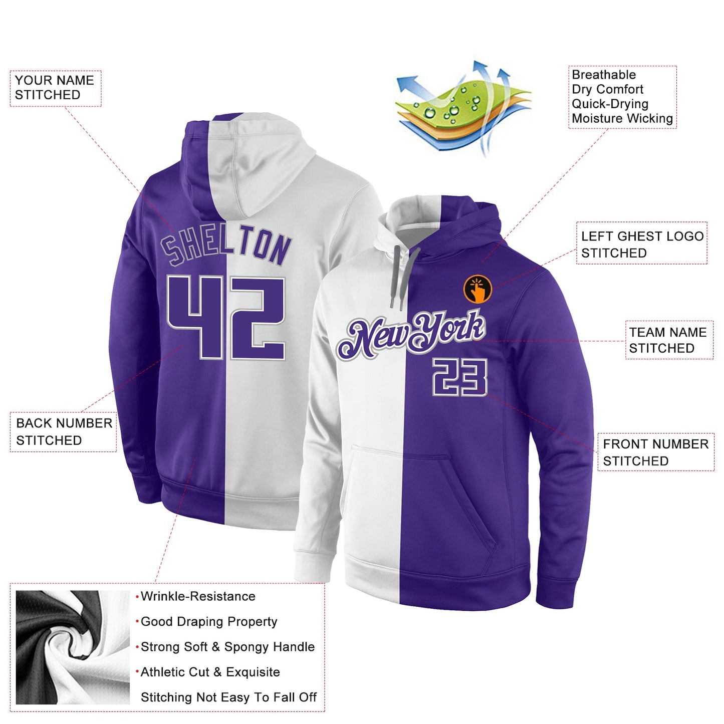 Custom Stitched White Purple-Gray Split Fashion Sports Pullover Sweatshirt Hoodie view 4