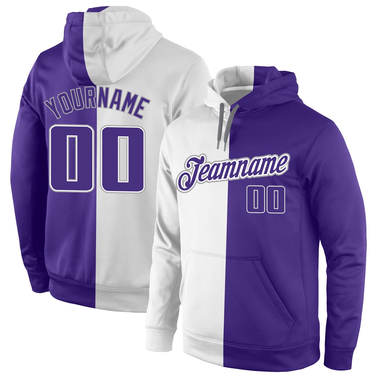 Custom Stitched White Purple-Gray Split Fashion Sports Pullover Sweatshirt Hoodie - Main View