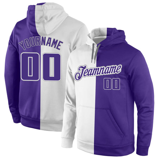 Custom Stitched White Purple-Gray Split Fashion Sports Pullover Sweatshirt Hoodie - Main View