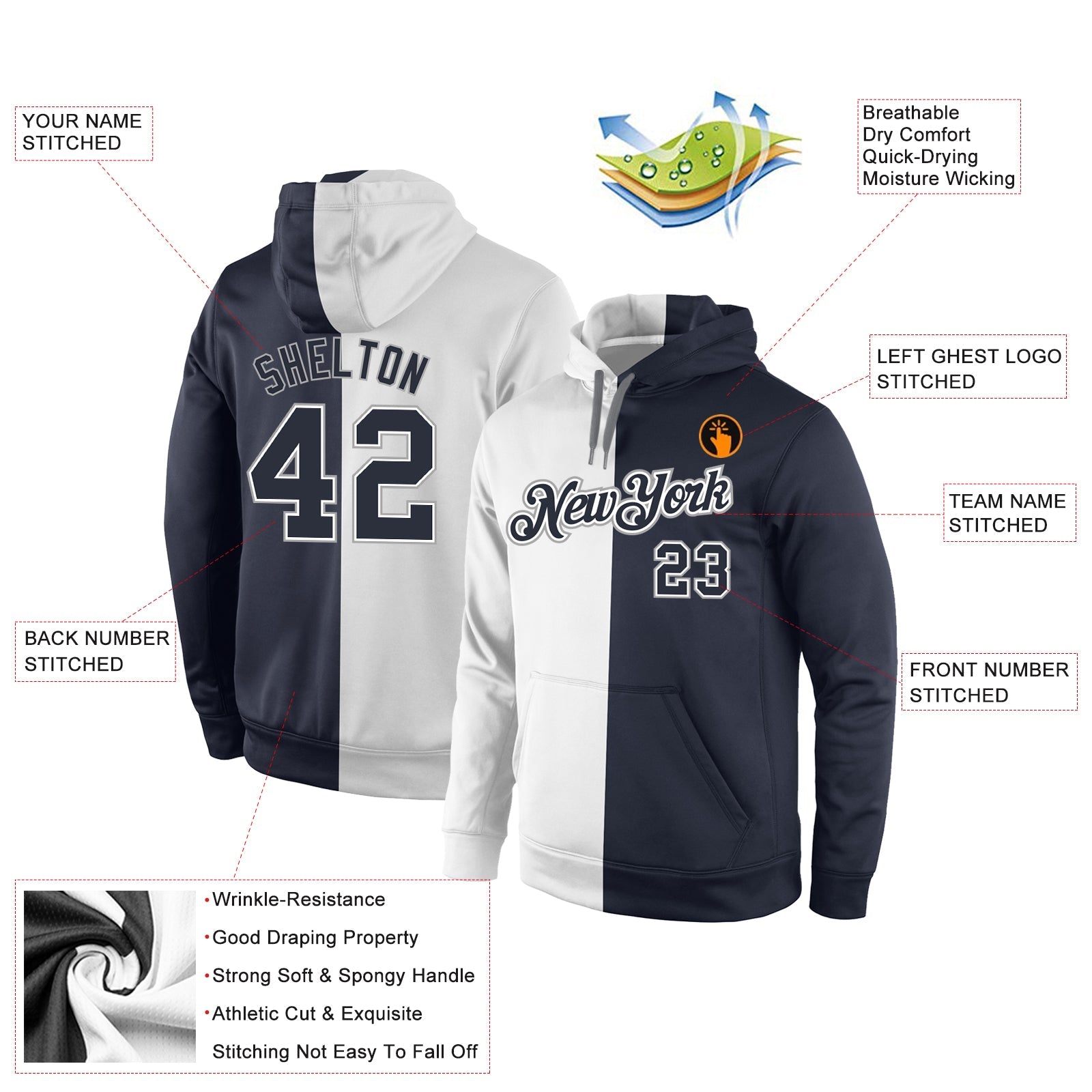 Custom Stitched White Navy Split Fashion Sports Pullover Sweatshirt Hoodie view 4