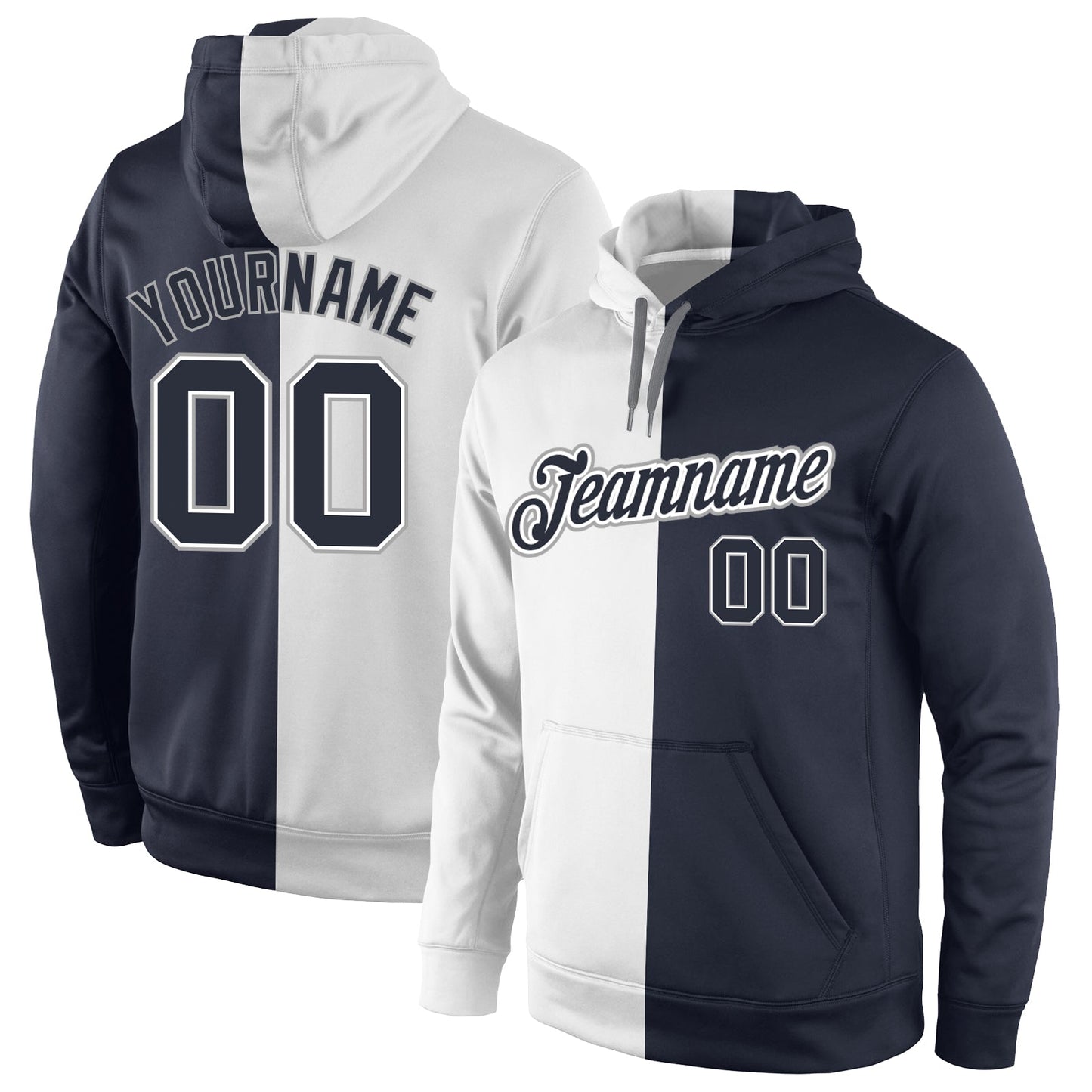 Custom Stitched White Navy Split Fashion Sports Pullover Sweatshirt Hoodie - Main View
