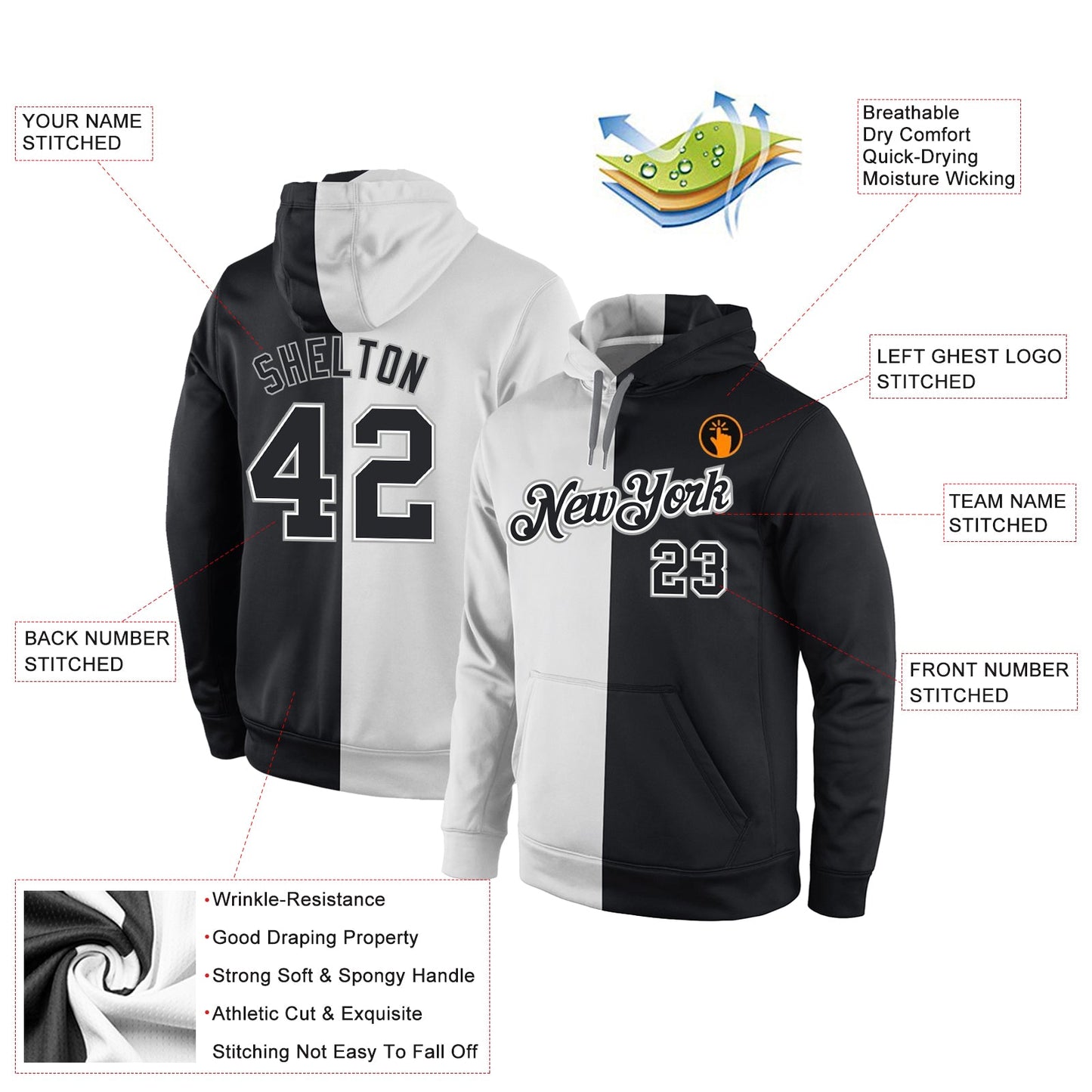 Custom Stitched White Black Split Fashion Sports Pullover Sweatshirt Hoodie view 4