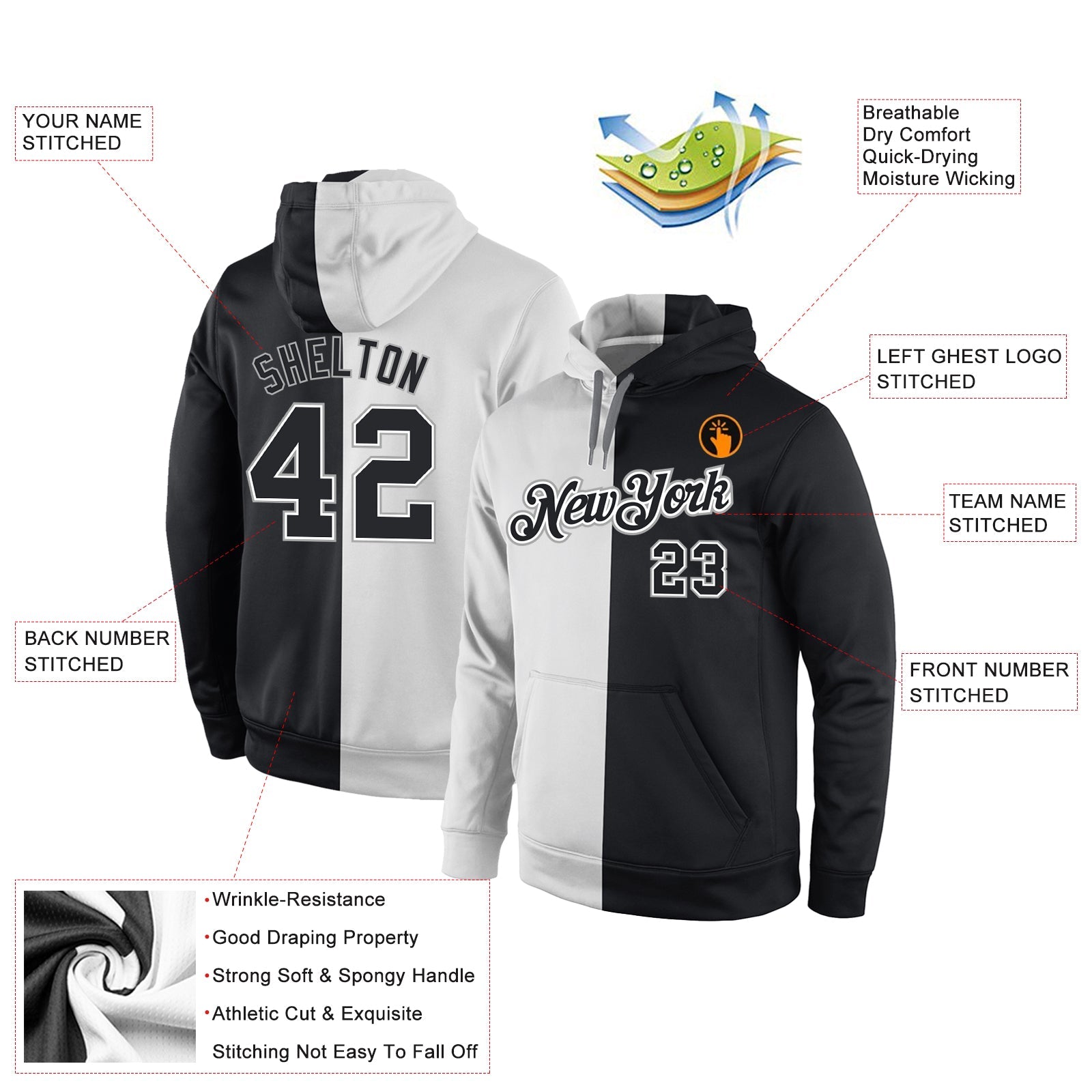 Custom Stitched White Black Split Fashion Sports Pullover Sweatshirt Hoodie view 4