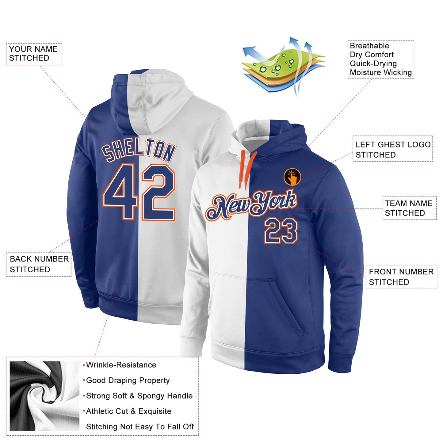 Custom Stitched White Royal-Orange Split Fashion Sports Pullover Sweatshirt Hoodie view 4