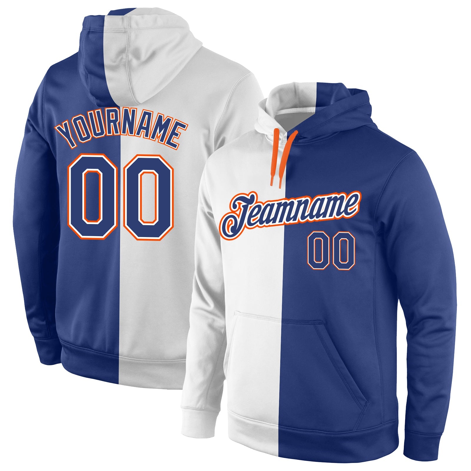 Custom Stitched White Royal-Orange Split Fashion Sports Pullover Sweatshirt Hoodie - Main View