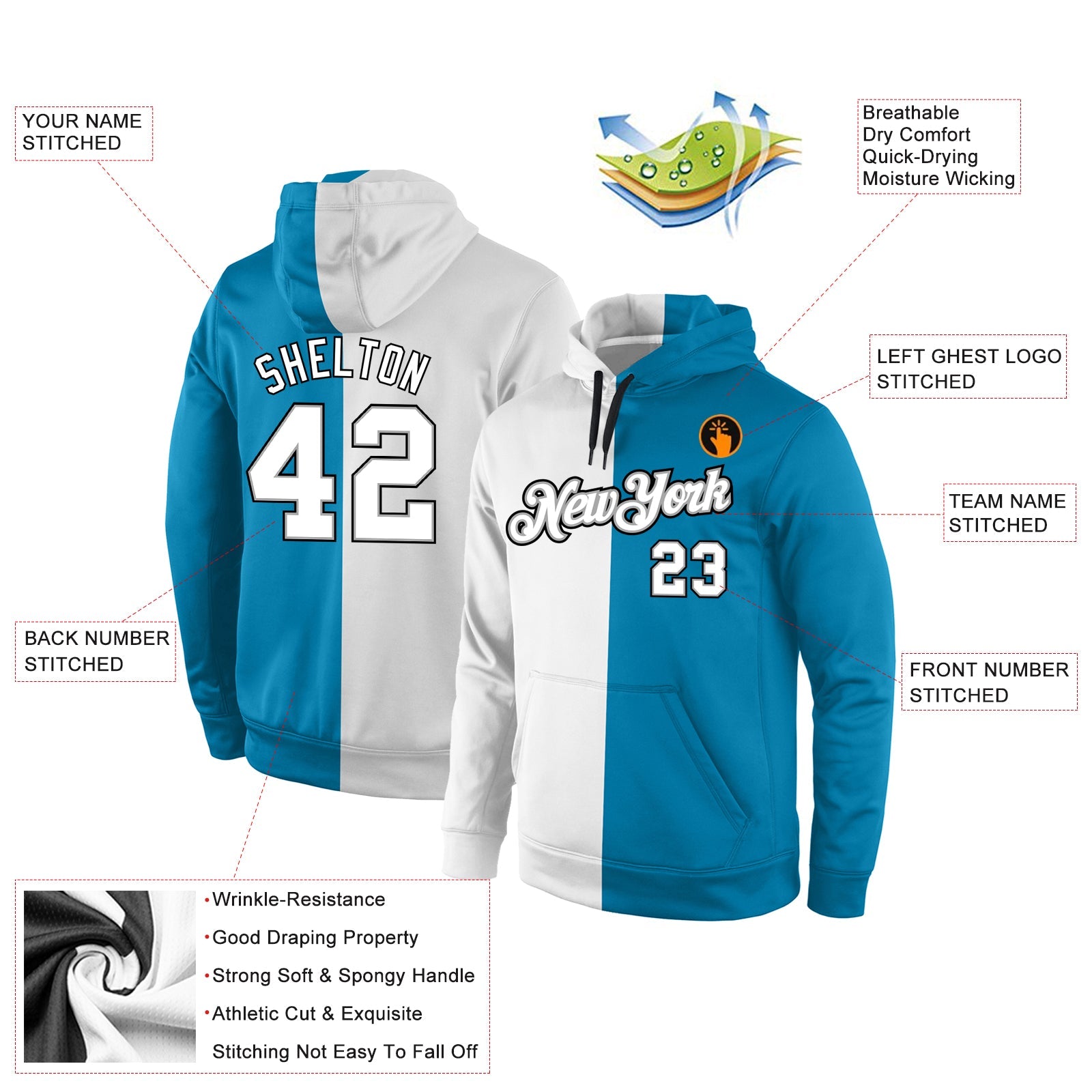 Custom Stitched Panther Blue White-Gray Split Fashion Sports Pullover Sweatshirt Hoodie view 4