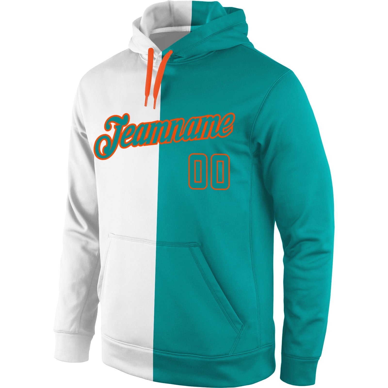 Custom Stitched White Aqua-Orange Split Fashion Sports Pullover Sweatshirt Hoodie view 2