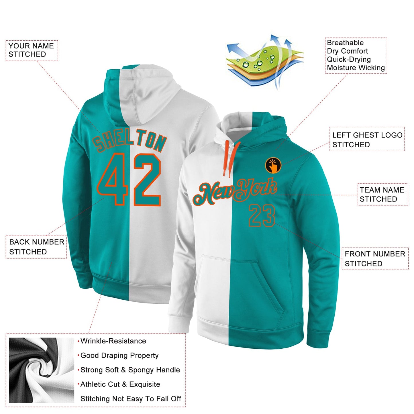 Custom Stitched White Aqua-Orange Split Fashion Sports Pullover Sweatshirt Hoodie view 4
