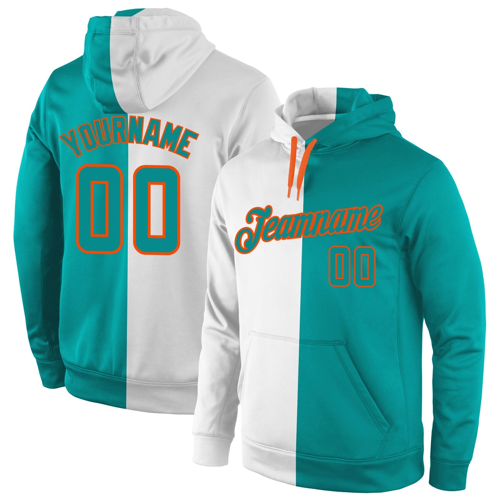 Custom Stitched White Aqua-Orange Split Fashion Sports Pullover Sweatshirt Hoodie - Main View