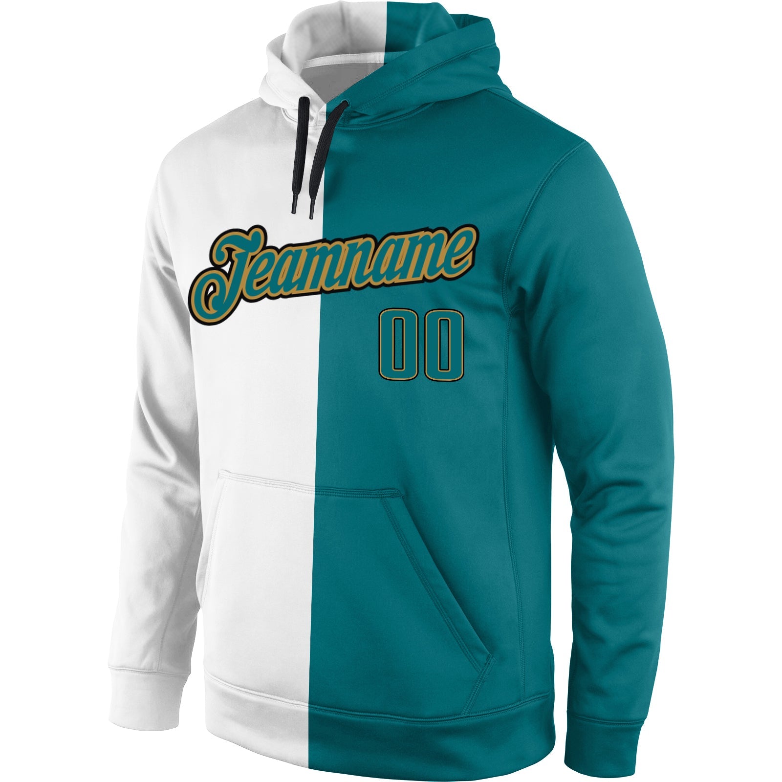 Custom Stitched White Aqua-Old Gold Split Fashion Sports Pullover Sweatshirt Hoodie view 2
