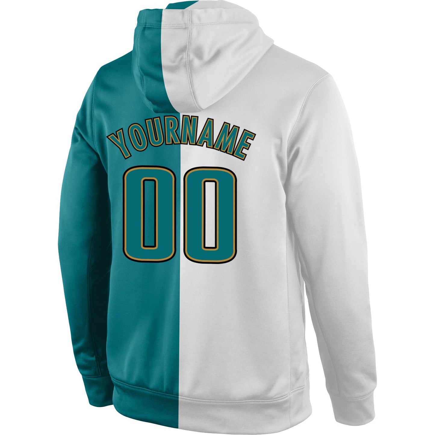 Custom Stitched White Aqua-Old Gold Split Fashion Sports Pullover Sweatshirt Hoodie view 3