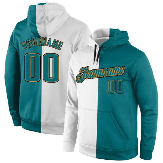 Custom Stitched White Aqua-Old Gold Split Fashion Sports Pullover Sweatshirt Hoodie - Main View