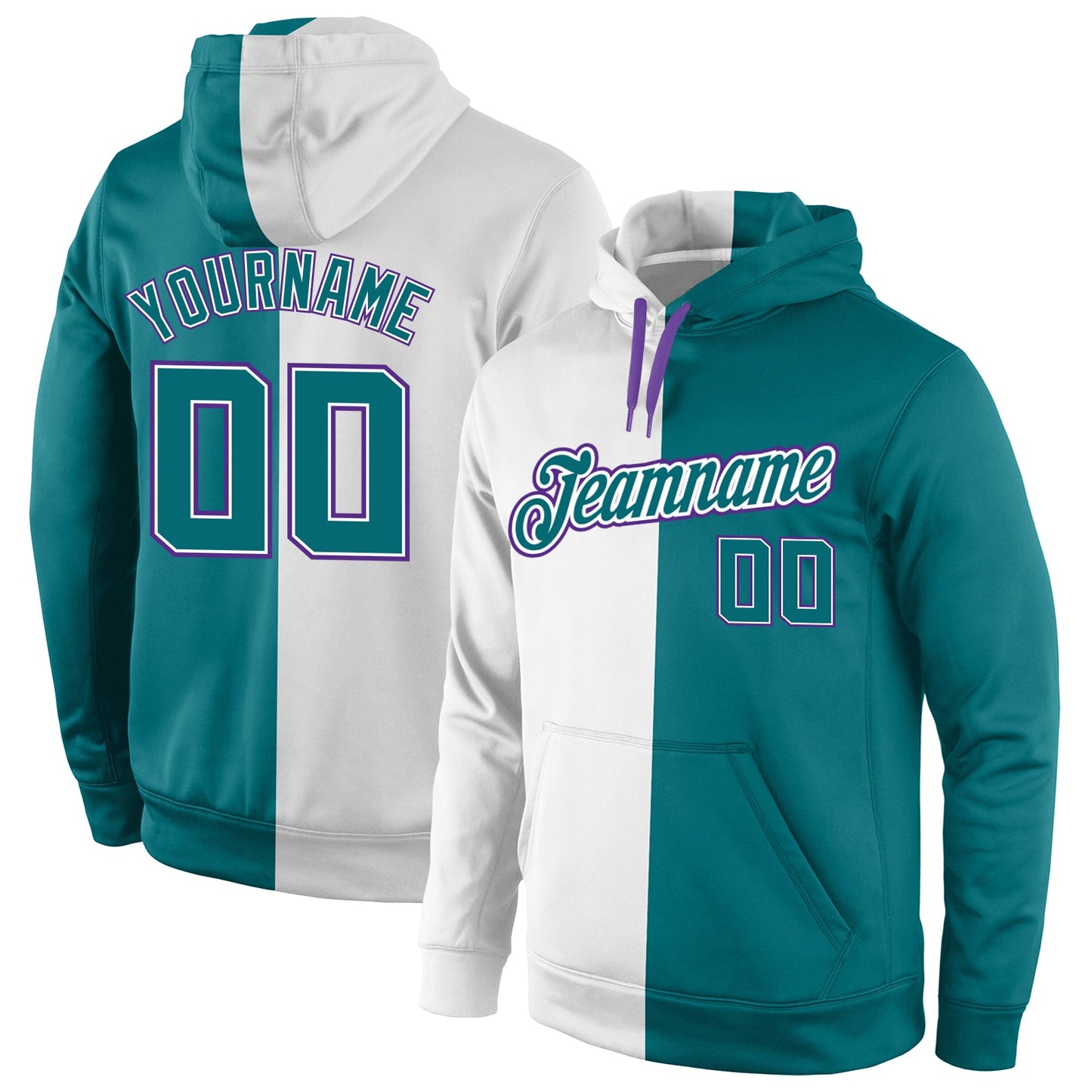 Custom Stitched White Aqua-Purple Split Fashion Sports Pullover Sweatshirt Hoodie - Main View